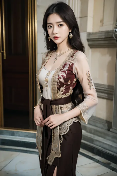 Masterpiece, hd, 1girl, 175cm, realistic, kebaya , very wet skin, facial expression, 23 years old, soft body, black hair, wavy hair,whole body, hair reaches waist, whole body,((head to leg)), black bracelets, black chain,((wearing brown Kebaya)), floral pa...