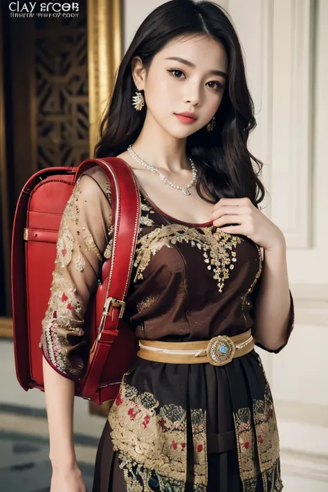 Masterpiece, hd, 1girl, 175cm, realistic, kebaya , very wet skin, facial expression, 23 years old, soft body, black hair, wavy hair,whole body, hair reaches waist, whole body,((head to leg)), black bracelets, black chain,((wearing brown Kebaya)), floral pa...