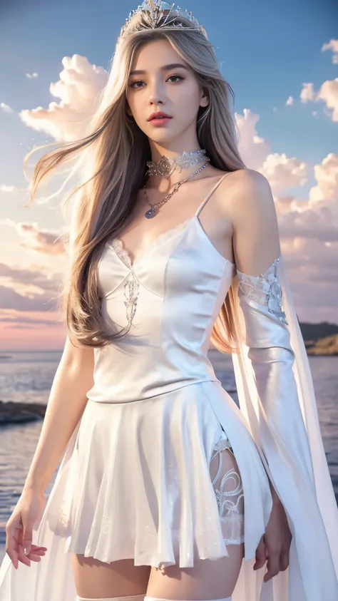 photorealistic, 1girl, ((slim body)), long hair, gradient hair, solo, detailed eyes, jewelry, bracelet, choker, small breasts, looking at viewer, realistic, necklace, (((white princess))), long skirt, thigh highs, white cape, sardine, lace, evening, sunlig...