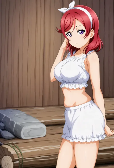 Masterpiece, best quality, love live style,solo, nishikino maki, red hair, purple eyes,breasts, looking_at_viewer, bored, hairband, long white summer dress, midriff,skindentation, standing,in log cabin