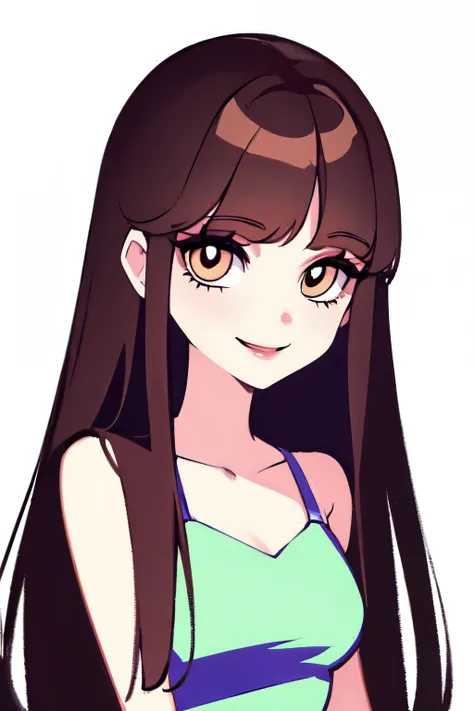 ((best quality)), ((masterpiece)), (detailed), perfect face1 girl, Solitary, Upper Body,
Light brown hair, long hair, Wavy hair brown eyes, Long eyelashes, Thick eyelashes, looking at the audience,
Smile,
White Dress,
White background, Simple background,