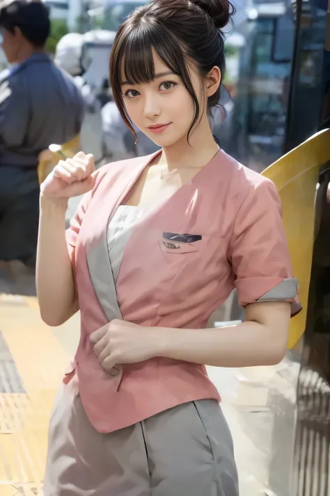 (masterpiece:1.2, highest quality:1.2), 32K HDR, High resolution, (alone、1 girl)、（On the rooftop of a building in the daytime、Professional Lighting）、Building rooftop background、（Nankai train crew uniform pinkを着たリアルスタイル）、（Nankai train crew uniform pink shor...