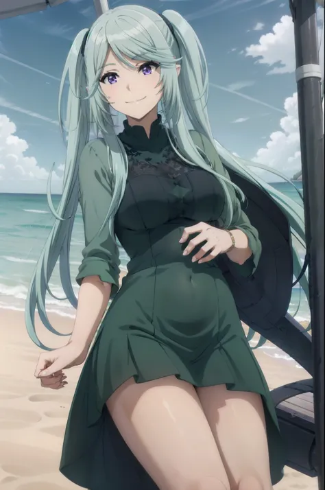 1girl, twintails, purple eyes, long hair, blue hair, navel,(((green dress))), from below,on the beach,((smile,joy,happy))
