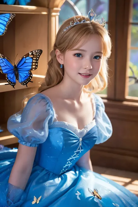 Highly detailed and realistic photos in Disney style, A character resembling a young Cinderella appears. The image shows、It shows little Cinderella in a sparkling blue dress.。, Surrounded by glowing butterflies. She sits on a magical petal-strewn shelf, Dr...