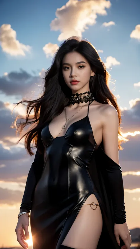 photorealistic, 1girl, ((slim body)), long hair, gradient hair, solo, detailed eyes, jewelry, bracelet, choker, small breasts, looking at viewer, realistic, necklace, (((black princess))), long skirt, thigh highs, black cape, sardine, lace, evening, sunlig...