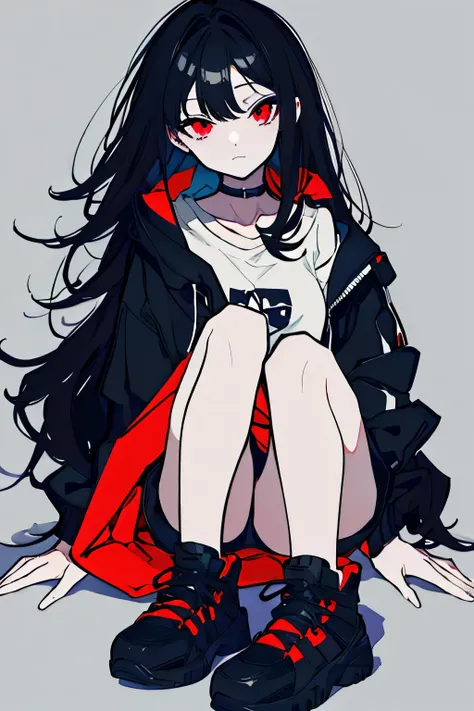 Girl, long curly black hair, red eyes, black choker around neck, , , expressionless, whiteＴShirt, black shorts, sneakers, modern style