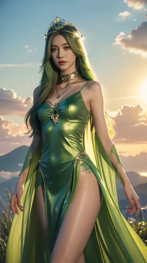 photorealistic, 1girl, ((slim body)), long hair, gradient hair, solo, detailed eyes, jewelry, bracelet, choker, small breasts, looking at viewer, realistic, necklace, (((green princess))), long skirt, thigh highs, green cape, sardine, lace, evening, sunlig...