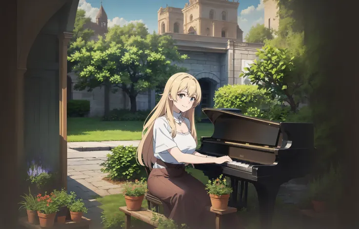 Medieval square, building, plant, Sitting in a chair, piano