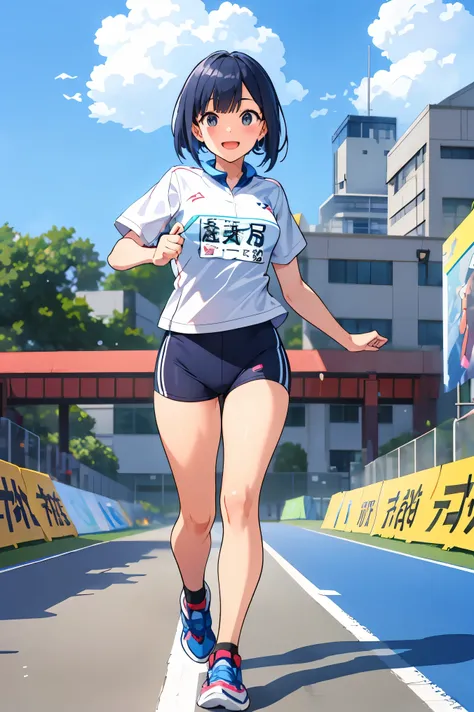 masterpiece、Cute and pop two-dimensional characters、175cm tall、Lesbian、Short Bob、Black eyes、Ekiden Runner、Carefree、Cheerful、Yokohama、Standing at the starting line、Bluish hair color
