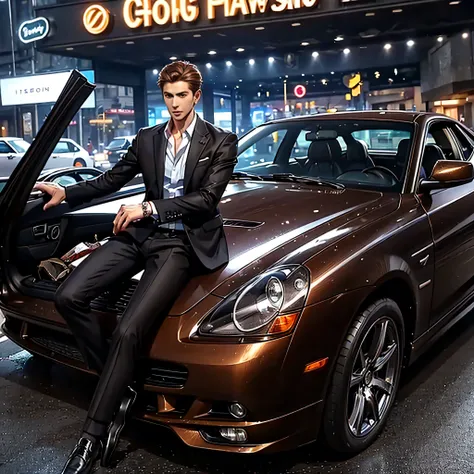 a suit and leather shoes，handsome confident brown-haired 28-year-old man getting out of a sports car。modern emotional city，separ...