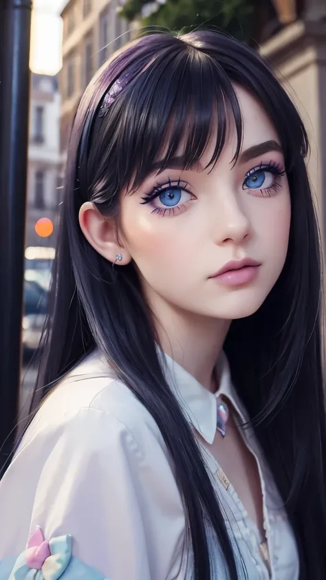 Realistic photo of european pastel goth girl, long eyelashes