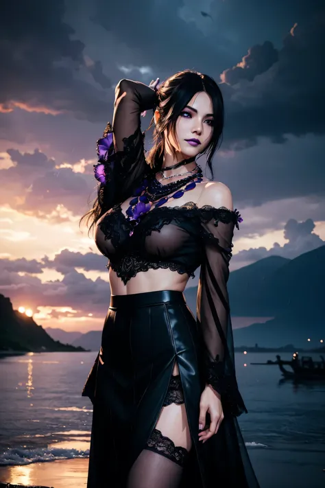 Lulu,Final Fantasy 10,FF10,Black Top,One Length,Let down one side of your bangs,Hide one eye,Beautiful purple eyes,White skin,Purple lips,Black long dress with fur,Long skirt,With fur,Black see-through blouse,Black fishnet stockings,Purple Necklace,super h...