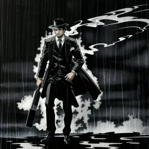 noir, man in business suit and fedora, bristle, rain, fog, detective, noir, cigarette, fire everywhere, (masterpiece:1.2), best quality, (hyperdetailed, highest detailed:1.2), high resolution textures