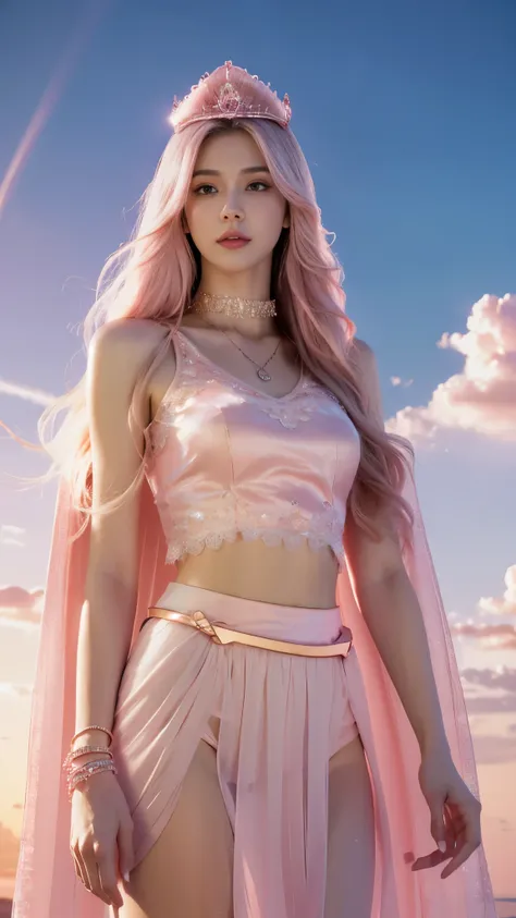 photorealistic, 1girl, ((slim body)), long hair, gradient hair, solo, detailed eyes, jewelry, bracelet, choker, small breasts, looking at viewer, realistic, necklace, (((pink princess))), long skirt, thigh highs, pink cape, sardine, lace, evening, sunlight...