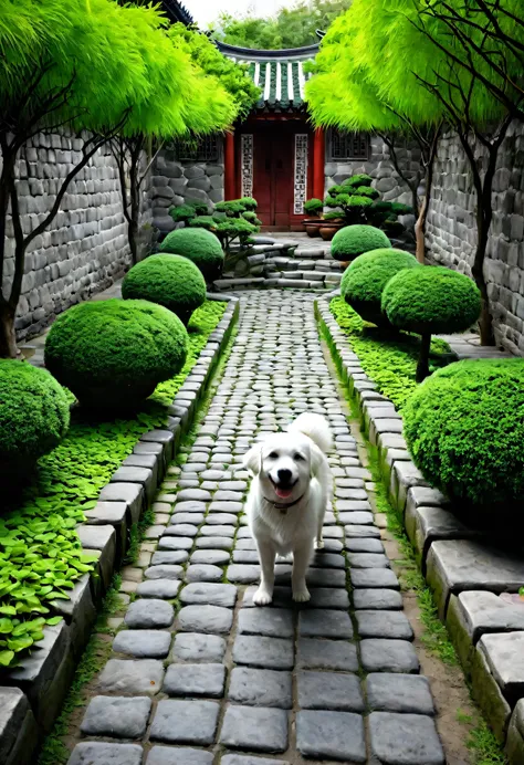 Chinese Garden，Cobblestone paths，A white dog，reality，fine，Ultra HD