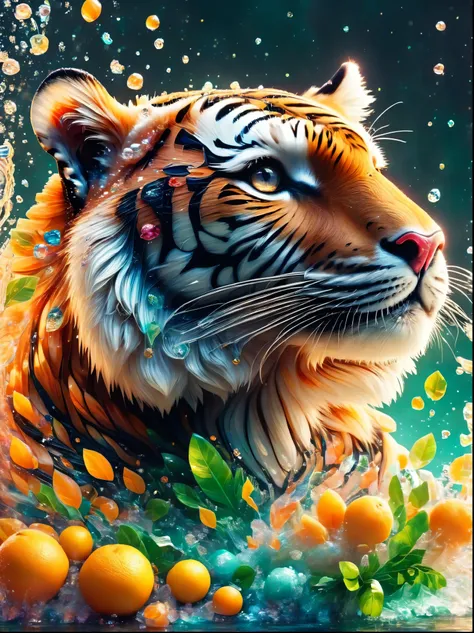 Creative and stylish tiger，Inspired by fruit，Material: Colored Acrylic，realism，Ultra Clear Photography，HD Wallpapers，Low Depth of Field Photography，Background bokeh effect