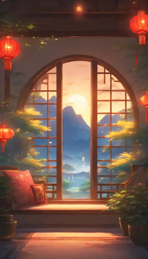 Background Chinese style room sofa big round window beautiful nature night view without people