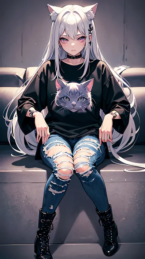 (Surreal), (8k), (Very detailed), (Best illustrations), (Beautiful fine details), (highest quality), (Super detailed), (masterpiece), (wallpaper), (Detailed face), alone, 1 girl、Silver Hair、inner pink,cat ear,punk、Distressed jeans、Black Military Boots、T-sh...