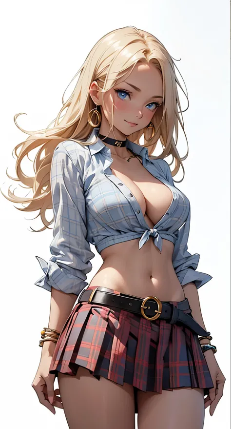 (Animation style), masterpiece, the best quality, extremely detailed, sparkling, glowing lights, 1girl, breasts, solo, skirt, blonde hair, bikini, navel, swimsuit, jewelry, long hair, white background, shirt, blue eyes, simple background, open clothes, pla...