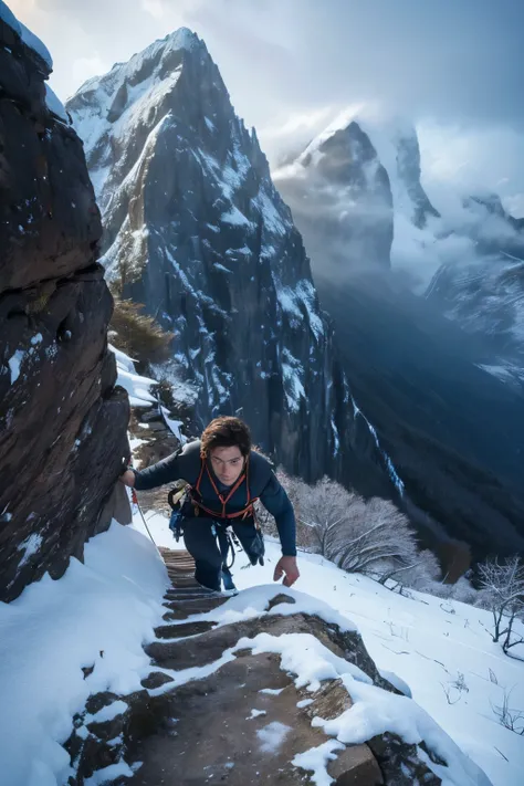 a man climbing a steep mountain cliff, dramatic closeup of face, eyes focused, reaching out to place pitons, epic landscape, dramatic lighting, cinematic, photorealistic, 8k, highly detailed, masterpiece、Snow Mountain、Blizzard、Snow is blowing、The whole thi...