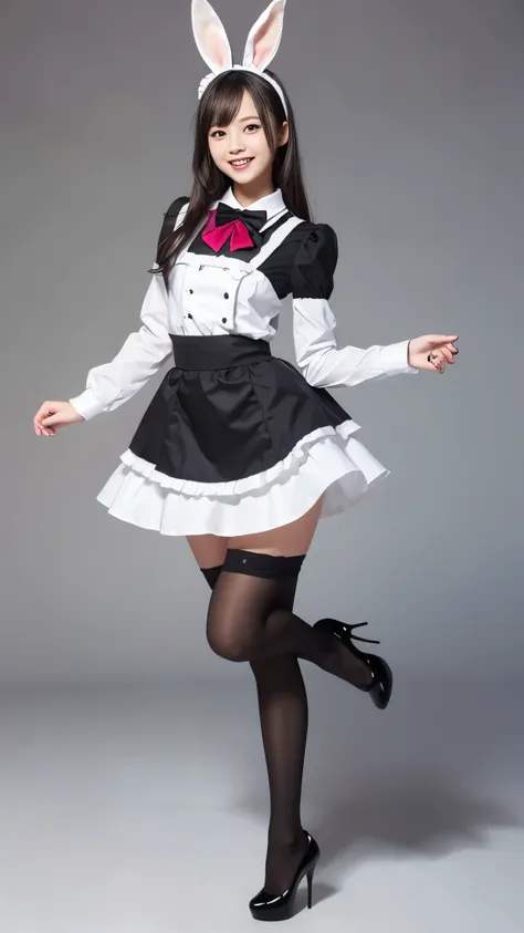 bunny girl in a colorful maid outfit:1.5，wearing black tights:1.5，the best smile:1.5，full body shot:1.5，gray background:1.5，wear...