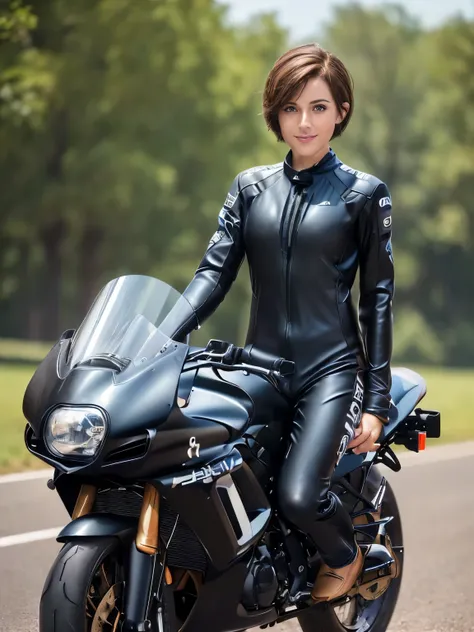 (masterpiece:1.3), (8k, Realistic, RAW Photos, highest quality:1.4), (Realistic face), ((Brown Hair, Very Short Hair:1.3)), Beautiful Hairstyles, Realistic eyes, Beautiful little blue eyes, (Realistic skin), (Beautiful Skin), ((((Black racing suit)))), cha...