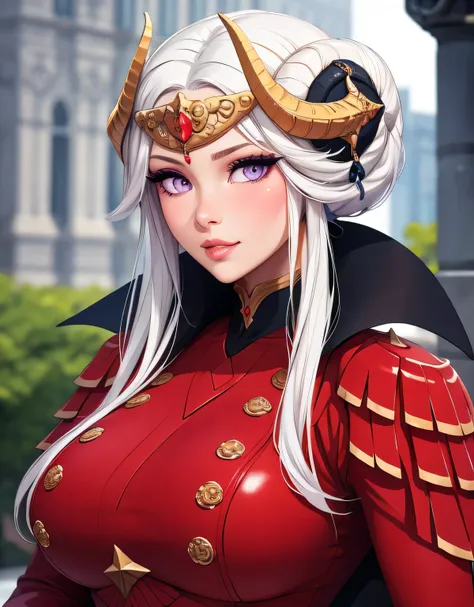 edelgard_timeskip, crown, horns, red dress 2.0, red gloves 2.0, red dress 2.0, red gloves 2.0, black boots, hair up 2.0, (master...