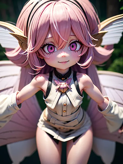 solo,1woman(cute,kawaii,small kid,skin color white,short pink hair,(big moth wing hair:1.7),white dress(beautiful race),(2moth antennaes at hair:1.2),big evil smile,[moth wing on back:2.0],[moth wing on body:2.0],[moth wings:2.0],[extra arm],moth wing is o...