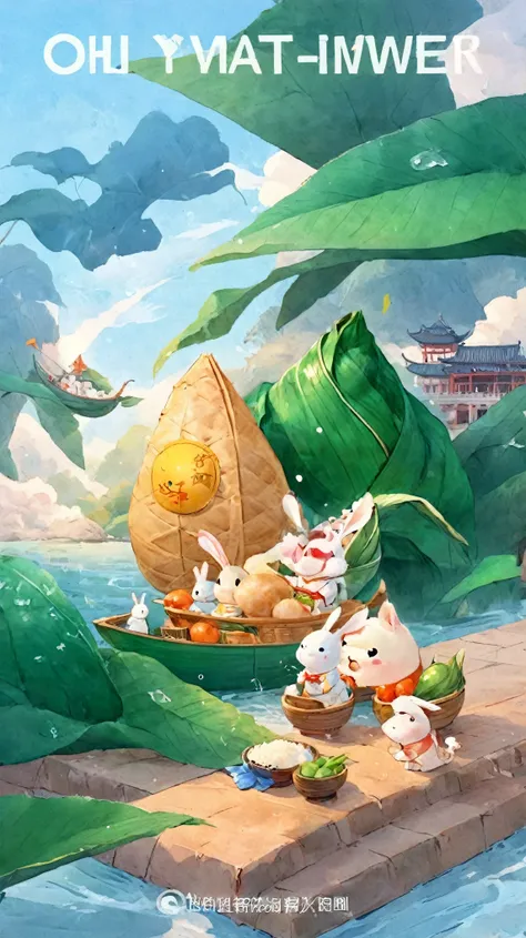 sticky rice, bamboo leaves, Zongzi with white rice exposed, Rice dumpling wrapped in rice dumpling leaves, 4 rice dumplings stacked,white rice rice balls, A little splash, A beautiful artistic illustration, by Yan Hui, Hand drawn cartoon art style, author：...