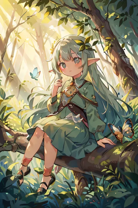 masterpiece,best quality, 1girl, solo, slight smile, kid, , , has long, silvery-green hair with deep golden eyes, elf, pointy ears, butterfly, babydoll dress, nature, beautiful scenery, in a tree, sitting on a tree branch