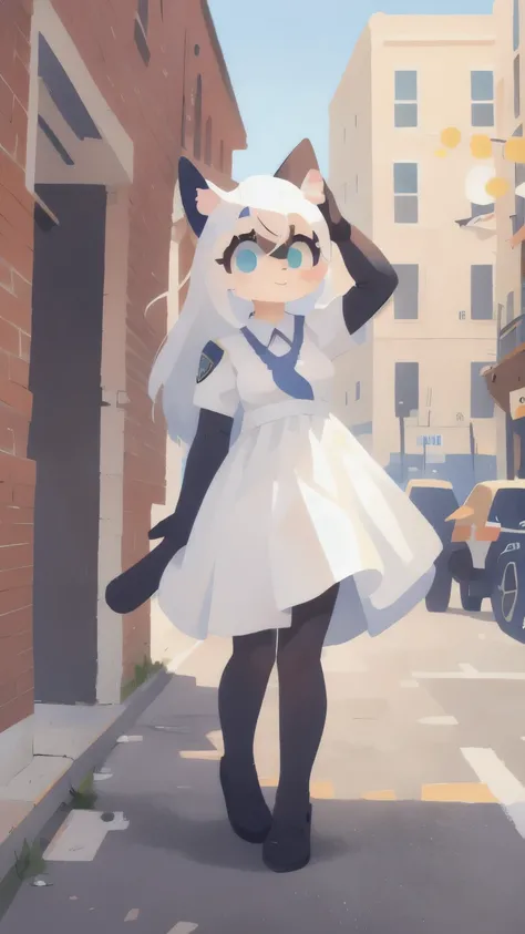 1 cat girl, police officer, student, full body, white dress, cute, white hair, (furry), best quality, masterpiece, highly detailed, illustration, street, salute, focus on face