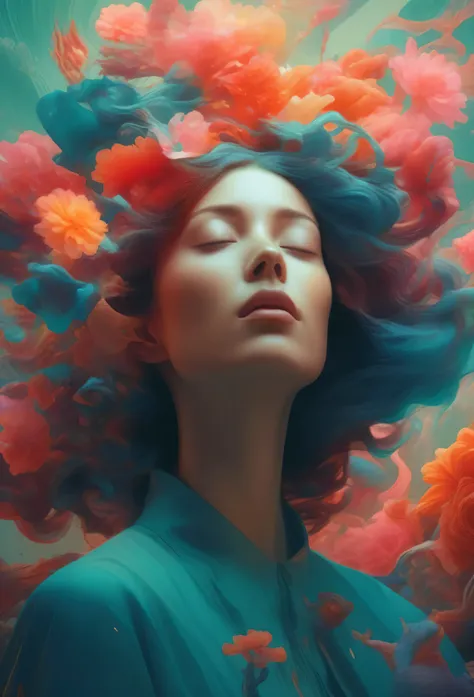 Surreal pictures, visually striking photo art, strange, slightly unsettling, hyper-detailed, 8k, a digital painting of a woman with her eyes closed, beeple and james jean, beautiful digital artwork, stunning digital illustration, by Alberto Seveso, anna di...