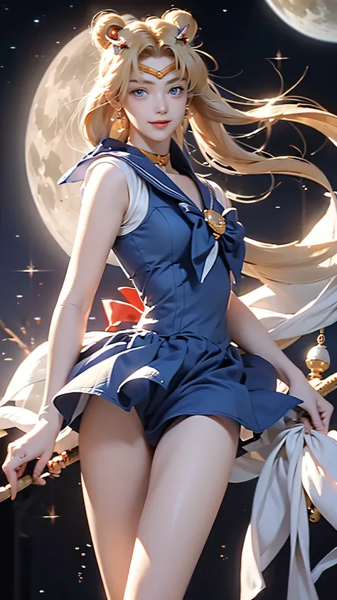 Sailor Moon, 1 girl, blue eyes, Long blond hair, Sailor Suit, moon tiara, Holding the Moon Stick, standing on the moon, earth in background, space, Star, Confident smile.