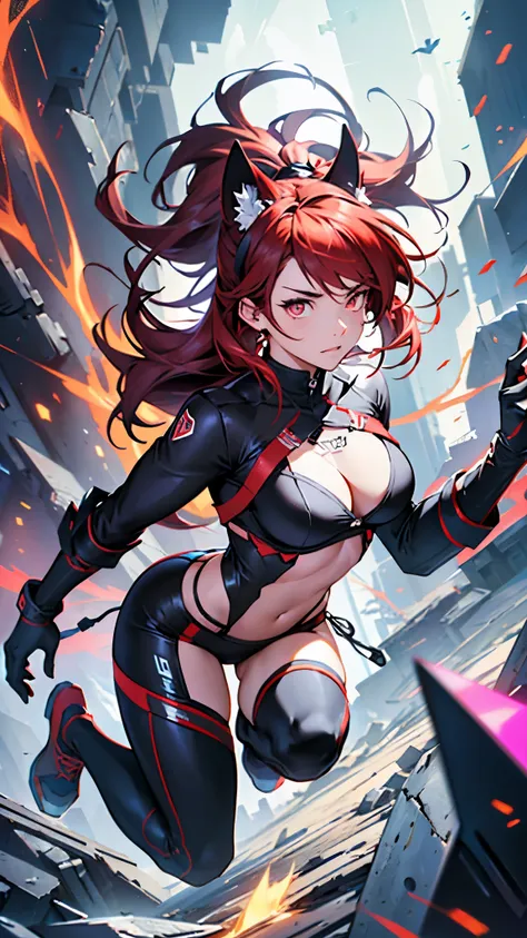 best quality、best quality、masterpiece、girl((American、half、18 years old、immediately、Maximum bust、Medium bust、Open your heart、red glowing eyes、Black ears、Red mesh、disheveled hair、Loin cloth、Thin、Best Valley、Open the chest、Hair accessories、Full body view、Pant...