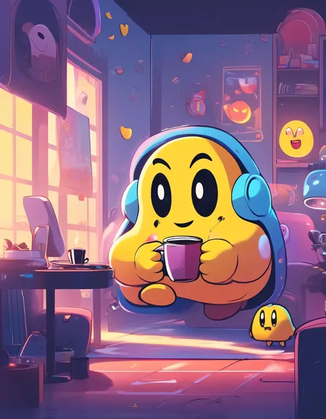 Cartoon-like style of a cute Pac-Man character, full body, steamy coffee, morning, scrolling through phone, room workspace, happy look, cinematic composition, cartoon, animated