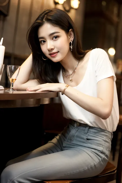 best quality, masterpiece, Ultra-high resolution,(Reality:1.4), (RAW photos:1.2), (sit on the chair:1.2), (Hip details:1.1), In the restaurant,half_Smile, delicate eyes, (looking at the audience:1.2), (Gray casual wear), (casual pants:1.2), (Pretty Face:1....