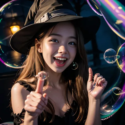 raw photo , 8K, ultra detailed, 1girl, witch, (laugh, point at viewer:1.3) ,(bubble:1.8), (blacklight:1.5)