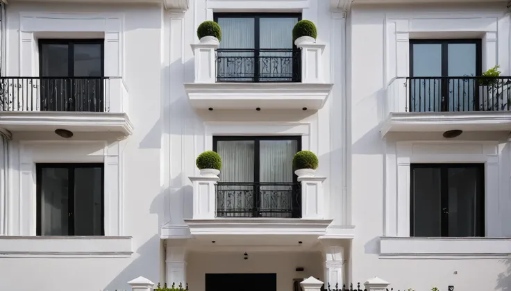 RAW photo,Exterior neo classic house, Inspired by French architecture, neo classic style, black and white, ((Highly detailed sculpted cornices at the tops of columns and walls)), French style roof, townhouse in residential area, The building is located in ...