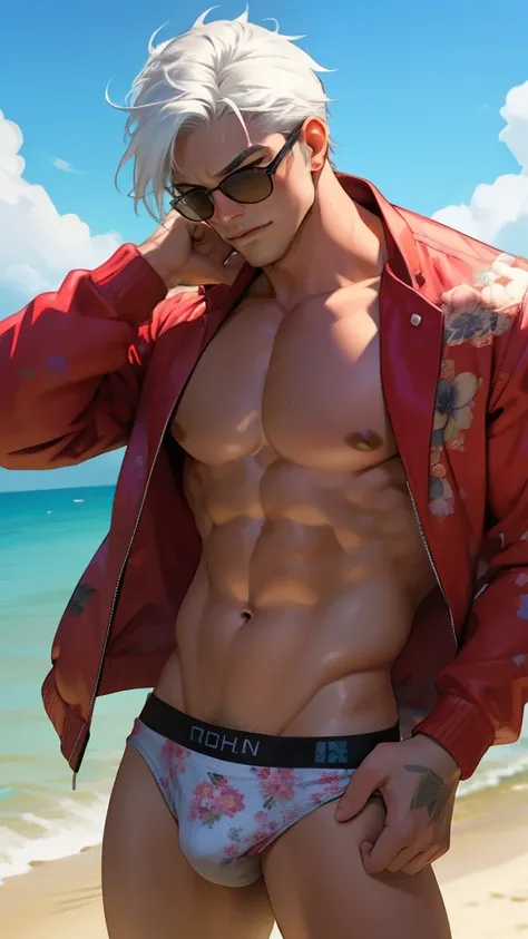 facial expression like masturbation, 1boy, bikini, Tight muscles, Broad shoulders, Handsome and old, Tiny underwear, Sexy, sex, Guy, Gay, Sea, jacket, sunglasses, boy, floral bikini, bright white hair,