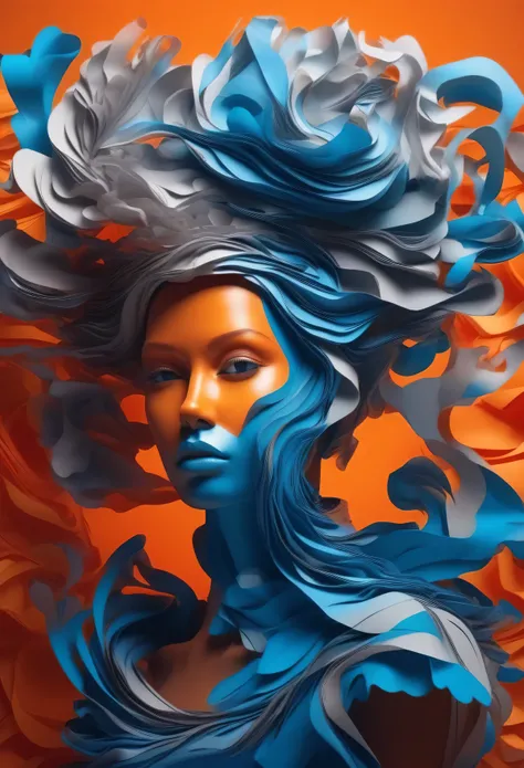 Surreal pictures, visually striking photo art, strange, slightly unsettling, hyper-detailed, 8k, A stunning digital illustration of a person with an elaborate, sculptural hairstyle composed of flowing, layered paper-like elements in shades of blue and gray...