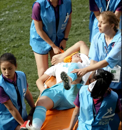 a soccer scene in a chinese sports stadium, rainy weather, wet ground, rainfall, injury scene in a sports stadium, stretcher carry, there are four female medics in wet raincoats who carrying a stretcher, there are four female medics in wet raincoats who ar...