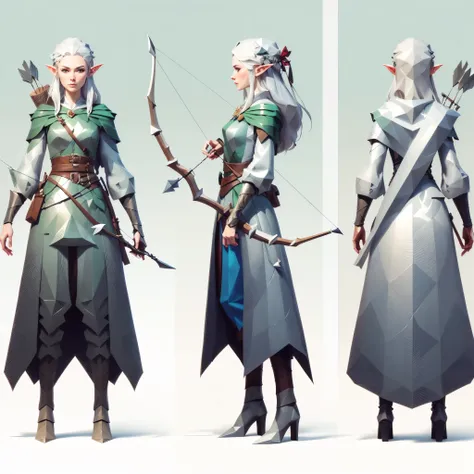 (masterpiece:1.1),(highest quality:1.1),(HDR:1), a close up of three different poses of a woman with bows and arrows, female forest archer, rpg concept art character, fantasy d&d character, rpg character concept art, rpg character art, d & d fantasy charac...