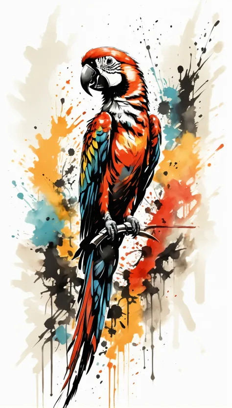 Vector Art, Colorful illustration with parrot and roses, In the center, Vibrant colors，Graffiti Art，ink splatter，Wild and unrestrained，rich and colorful，visual impact,Modern aesthetic super detailed,
