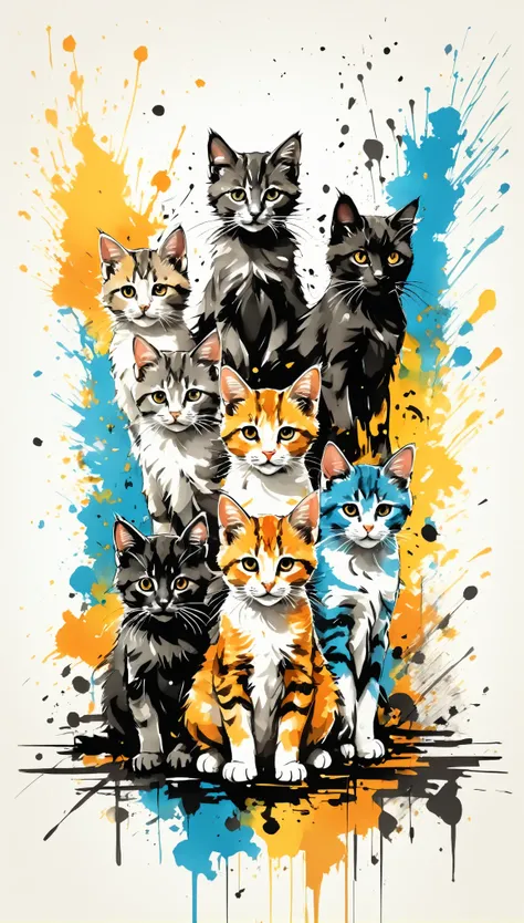 Vector Art, Colorful illustration with lots of kittens, In the center, Vibrant colors，Graffiti Art，ink splatter，Wild and unrestrained，rich and colorful，visual impact,Modern aesthetic super detailed,
