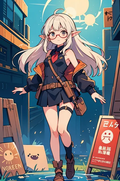 White Hair,Beautiful whole body,Black-rimmed glasses,Create an anime-style illustration of a girl with an engineering motif. She should have striking red hair, exuding intelligence and creativity, and elven features such as pointed ears. Her attire should ...