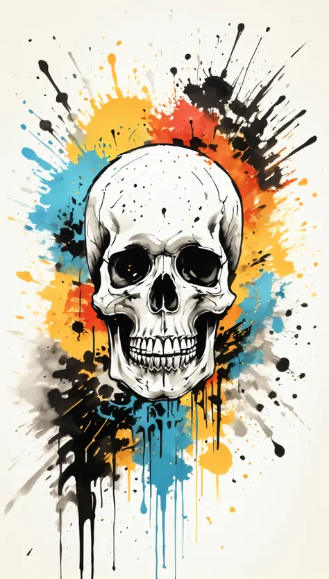 Vector Art, Colorful illustration with many skulls, In the center, Vibrant colors，Graffiti Art，ink splatter，Wild and unrestrained，rich and colorful，visual impact,Modern aesthetic super detailed,
