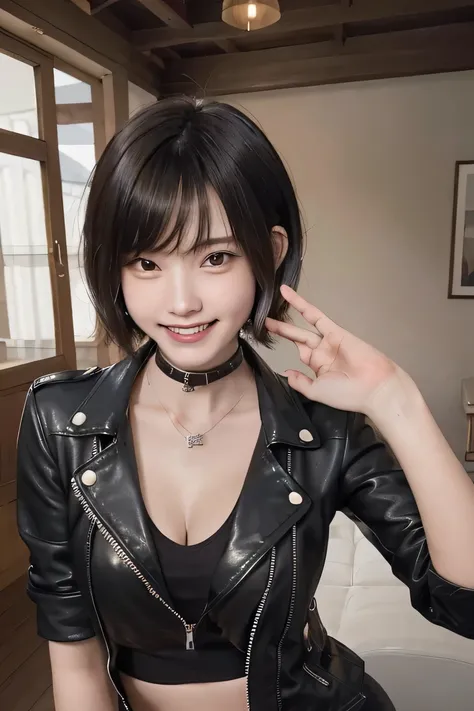 205  ((short hair)), 20-year-old female, Surrealism, Flower Smile、Gums are visible、Beautiful teeth alignment、Black Hair、ear piercing、Necklace around the neck、leather jacket、shirt、Smiling with teeth showing、The background is in the room、