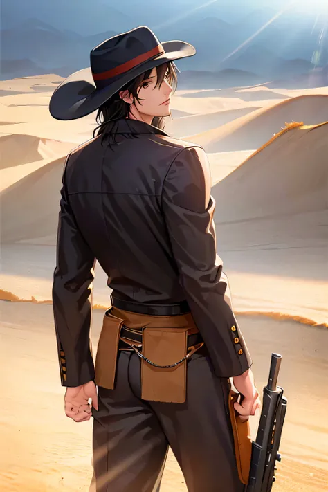 handsome black haired man in cowboy clothes and hat, back turned, holding gun, desert background shining with scorching sun rays, highly detailed, cinematic lighting, dramatic shadows, photorealistic, 8k, masterpiece, award-winning photography, striking co...