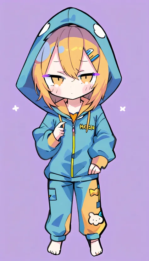 looks sleepy　bad mood　hoodie　pajamas　whole body　chibi character　same girl　same clothes