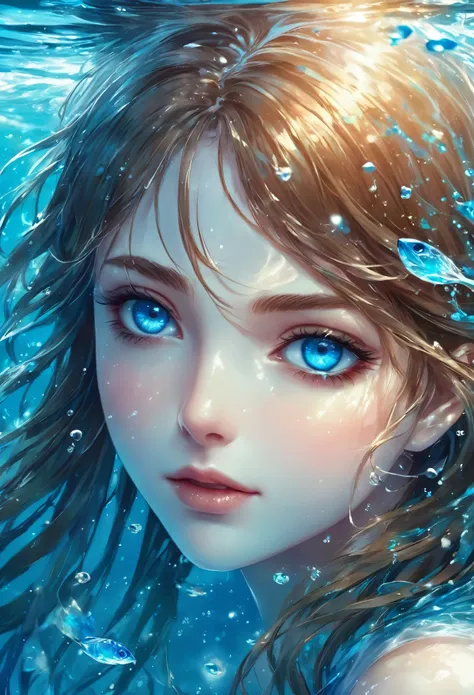 anime girl with blue eyes and long hair in the water, an anime drawing by Yuumei, pixiv, digital art, wallpaper anime blue water, watery eyes, blue watery eyes, detailed digital anime art, watery blue eyes, water eyes, azure blue watery eyes, clean detaile...